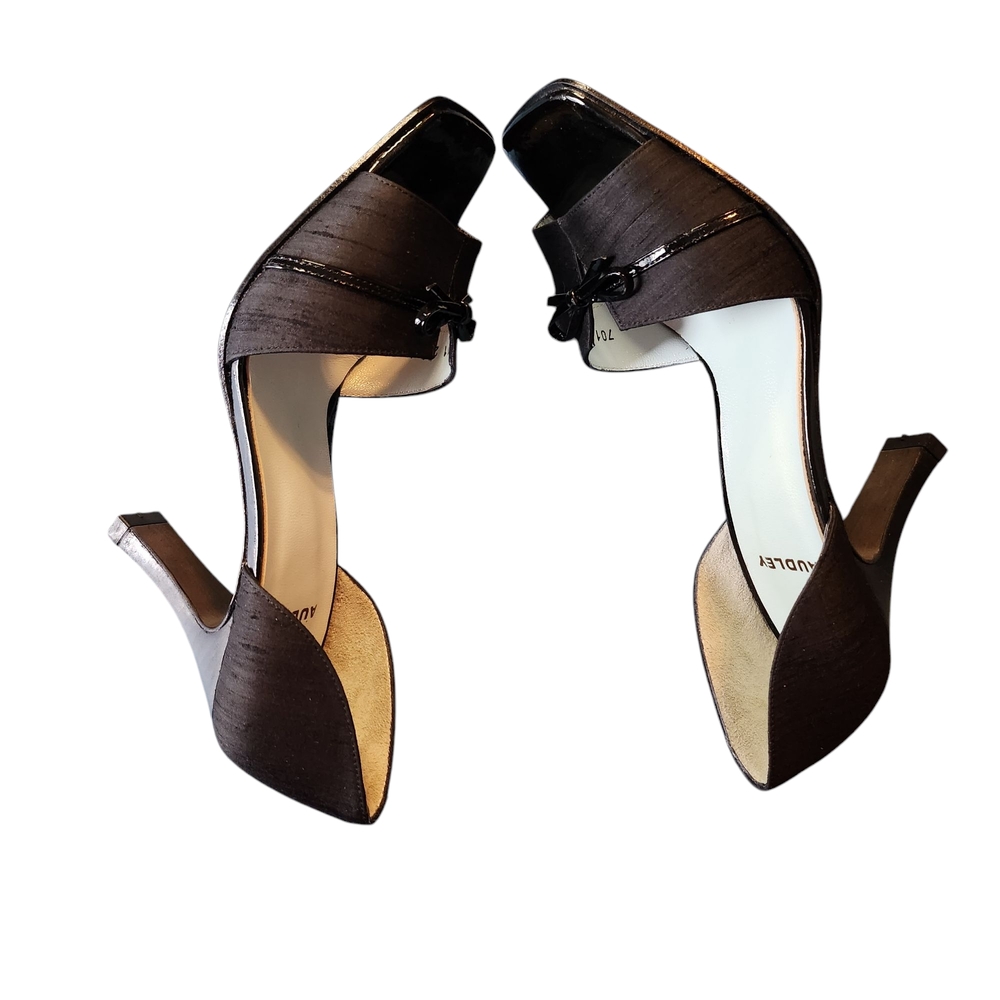 Vintage Audley Black Satin Leather Bow Peep Toe Heels Size 37.5 (7.5B) W/Box - Picture 6 of 12